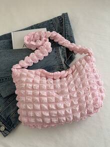 Bolso de hombro plisado con diseño de nube esponjosa, bolso casual de gran capacidad para ir al trabajo, nuevo diseño estilo coreano - Rosa Pálido - Ver 4