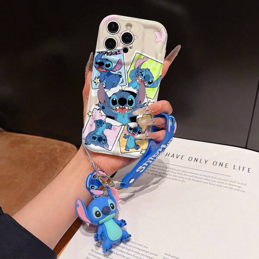 Disney Has Authorized, Phone Case - Chain Set, The Stitch Lilo & Stitch Phone Case Plus A Silicone 3D Or Fluffy Style Stitch Bracelet With Metallic Ring Removable Bracelet, Stitch And Angel Pattern, Compatible With Iphone 17/16/15/14/13/12/11/XS/XR/X Plus Pro Max, Wavy Design Phone Case For Girl, A Stylish Cartoon Summer Phone Case, The Perfect Gift Choice, Phone Protection, Durable Phone Cover, Great Gift For Friends And Family - 白色款式A - 查看 1