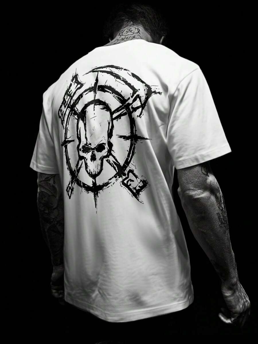Áo thun nam tay ngắn cổ tròn phong cách Punk Gothic Y2K tối màu, họa tiết graffiti vẽ tay, hình đầu lâu, gai nhọn và lưỡi liềm, thích hợp mặc ở nhà, văn phòng, ngoài trời, và phong cách đường phố thường ngày của YUNCHIC. - trắng - Xem 1