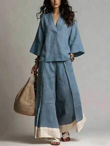 2026 Spring/Summer Cotton And Linen French Three-Quarter Sleeve Shirt + Contrast Color Wide-Leg Pants Set Women - 牛仔藍 - 查看 1