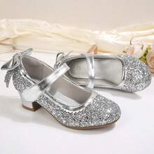 Kids Mary Jane Heels Glitter Dress Shoes Bow Party Princess Shoes Low Heel - Lấp lánh bạc - Xem 3