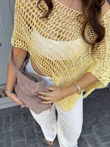 Women's Casual Sexy Solid Color Hollow-Out Cropped Top, Bat Wing Asymmetric Hem Poncho Style Cover Up, Summer Beach Vacation Outerwear Yellow - Yellow - View 5