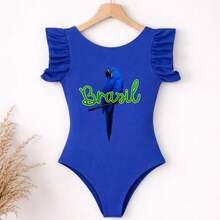 Brazilian Girl's Bodysuit With Blue Macaw Print, Short Sleeves, Ruffles, Patriotic Style, World Cup, Summer, Brazilian Look - Xanh đậm - Xem 1