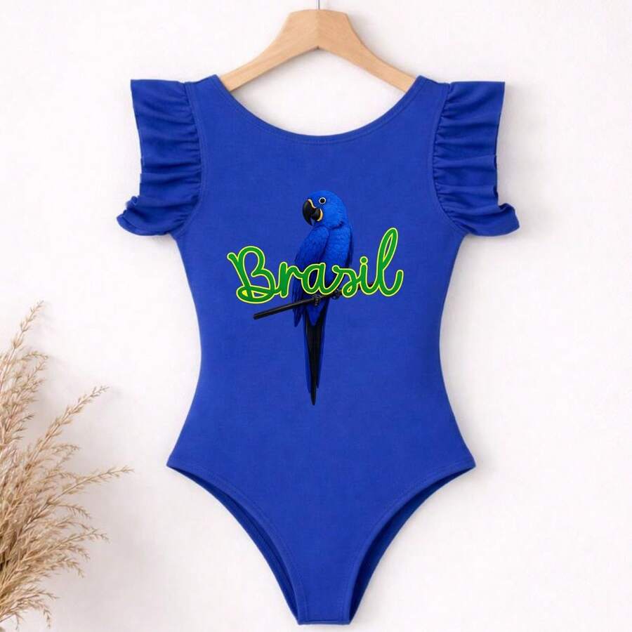 Brazilian Girl's Bodysuit With Blue Macaw Print, Short Sleeves, Ruffles, Patriotic Style, World Cup, Summer, Brazilian Look - Xanh đậm - Xem 1
