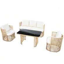 4-Tier PE Rattan Garden Furniture Set With 3-Seater Sofa, 2-Seater Chair And Glass Table – Outdoor Lounge Set With Polyester Sofa, Steel And Glass Table For Patio And Balcony - 米色 - 查看 8