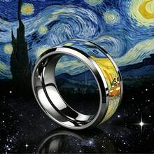 8mm Beveled Stainless Steel Ring, Inlaid With Artwork Inspired By Van Gogh's "Starry Night Over The Cafe Terrace", Artistic Style, Comfortable Fit, Suitable For Men And Women, Ideal Gift For Art Lovers, Weddings And Anniversary - Multicolor - View 5