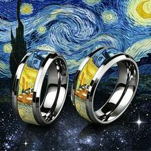 8mm Beveled Stainless Steel Ring, Inlaid With Artwork Inspired By Van Gogh's "Starry Night Over The Cafe Terrace", Artistic Style, Comfortable Fit, Suitable For Men And Women, Ideal Gift For Art Lovers, Weddings And Anniversary - Multicolor - View 7