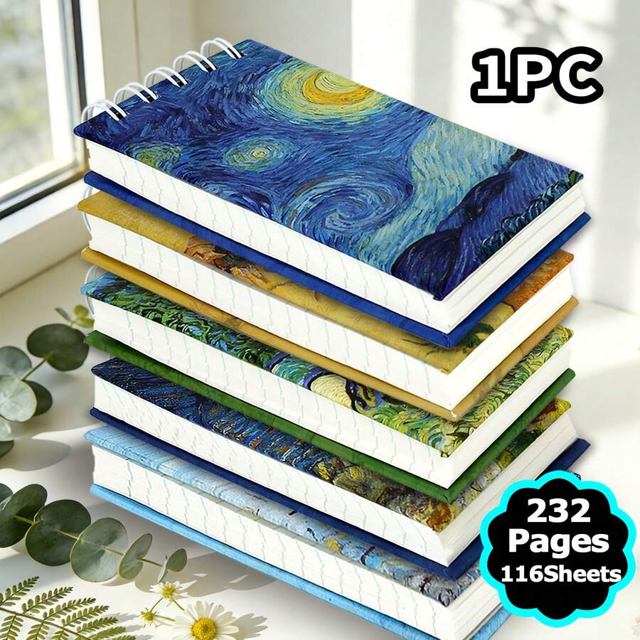 1Pc,A6,232Pages,Van Gogh Hardcover Notebook,Coil-Bound Pocket Planner,Memo Pad,Compact And Portable,Ultra-Thick,Notepad,Travel Journal,School Supply,Class Diary,Office,Mother's Day,Perfect Gifts - A6 - View 1