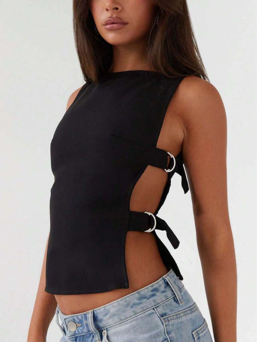 Women's Summer Tank Tops Solid Color Sleeveless Boat Neck Side Buckle Slim Fit Vest - 黑色 - 查看 1