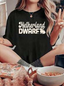 Camiseta 100% Algodón con Diseño de Conejo Enano de Holanda, Mamá Conejo y Papá Conejo, para Mujer - Negro - Ver 1