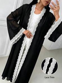 Áo Abaya Ả Rập tay loe phối ren tương phản thanh lịch dành cho nữ, thích hợp cho mùa xuân và mùa thu. - màu đen - Xem 3
