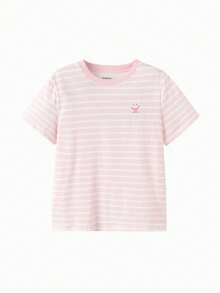 Unisex Striped Cotton Soft Casual Loose T-Shirt - White and Red - View 2