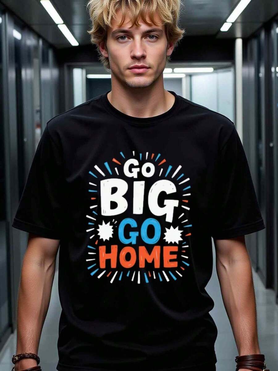 Camiseta de Hombre de 180 g/m², Modelo Go Big Go Home - Lema Motivacional en Blanco y Naranja con Diseño de Flecha y Estrella, Cuello Redondo Negro, Manga Corta, para Uso Casual, Fiestas de Acción de Gracias y Atuendos Diarios - Lavable a Máquina, Camisetas para Hombre, Camisetas de Navidad para Hombre, Camiseta para Hombre, Camiseta Gráfica para Hombre, Camisetas para Hombre, Camisetas Casuales para Hombre, Camiseta de Jersey, Camiseta para Padre, Camiseta para Hombre, Camisas de Navidad con Botones para Hombre, Masculino - Negro - Ver 1