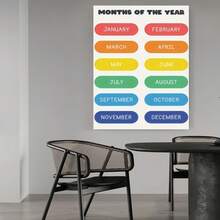 Framed Plano 2D, una pintura artística en lienzo envuelta en un marco de madera, que mide , con las palabras "MONTHS OF THE YEAR" en texto arriba, con 12 áreas ovaladas de colores ordenadas cuidadosamente debajo, cada una mostrando los nombres en inglés de los meses de enero a diciembre en - Enmarcado - Ver 5