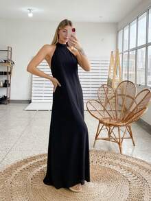 Long Dress With Tie Detail, Casual And Elegant, For Parties, With A Backless Fabric, Suitable For Beach, Evening, Weddings, Holidays, Formal Occasions, And Nights. - 黑色 - 查看 1
