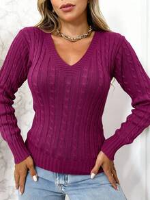 Women's Knitted Sweater With A V-Neck, Long Sleeves, And Regular Length With Slight Stretch. - Red Violet - View 2