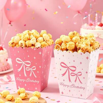 10pcs Pink Bow Popcorn Boxes, Disposable Food Containers With Pink Bow Design For Snacks, Fries, Candies, Birthday Gifts, Birthday Party Supplies, Princess Party, Girls Birthday Party Decorations