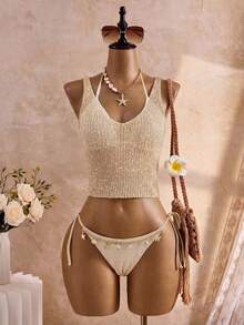 Women's Gold Metal V-Neck Sleeveless Cropped Top, Semi-Sheer Medium Stretch Camisole, Fashionable Summer Party Wear - Gold - View 2
