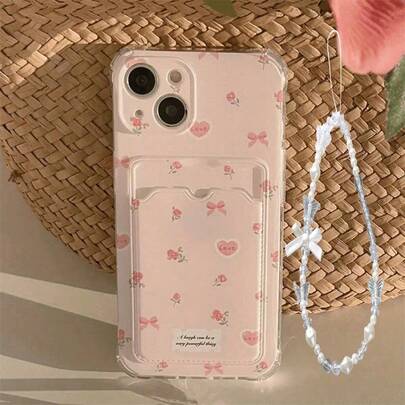 2pcs Set (Transparent Card Holder + Elegant Floral Phone Case + Bow Pearl Bracelet), Compatible With Galaxy S22/23/24/S25/A04, Note 7/8/9, 9/10/12, /Honor X/HW C53 C5, IPhone17/16, Shock-Proof And Comfortable Grip