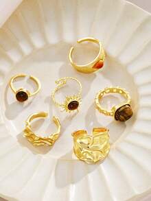 6 pièces Ensemble de bagues vintage tournesol, accessoire à la mode pour femmes, convient pour les vacances, les fêtes, les sorties, le décontracté, le mariage, les voyages, les séances photo, l'assortiment quotidien, nouvelle combinaison polyvalente - Or jaune - Voir 5