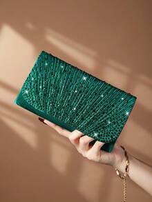 REMANLAND Glamorous Sparkling Rhinestone Decorated Chain Bag, Magnetic Closure, Elegant & Fashionable Party Clutch, Suitable For Women's Birthday Party, Charming Evening Shoulder Bag - Dark Green - View 8