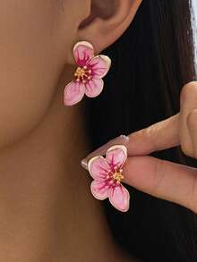 1 par de elegantes pendientes de botón con flor media de esmalte degradado rosa estilo francés retro, hechos a mano y versátiles, adecuados para la playa, citas, viajes, el mejor regalo para la novia - Multicolor - Ver 2