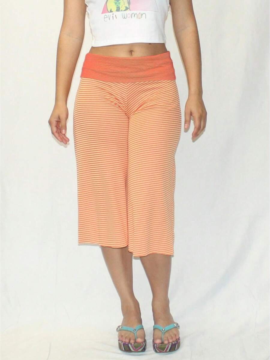 Women's Y2K Striped Fold-Over Waist Wide Leg Capri Pants.Multi-Color High-Stretch Comfortable Perfect For Daily Casual Errands - 橘色 - 查看 1