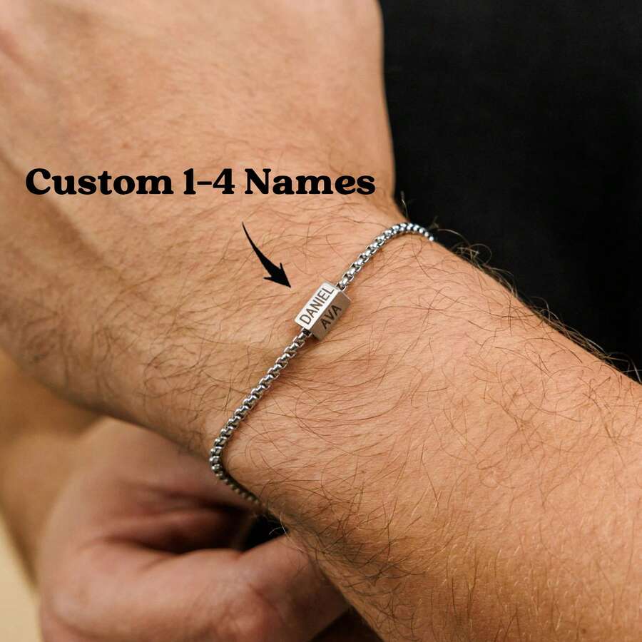 Customizable 1-4 Names Dad Bracelet, Personalized Name Dad Bracelet, Family Surname Bracelet, Father's Day Valentine's Day Personalized Gift For Dad
