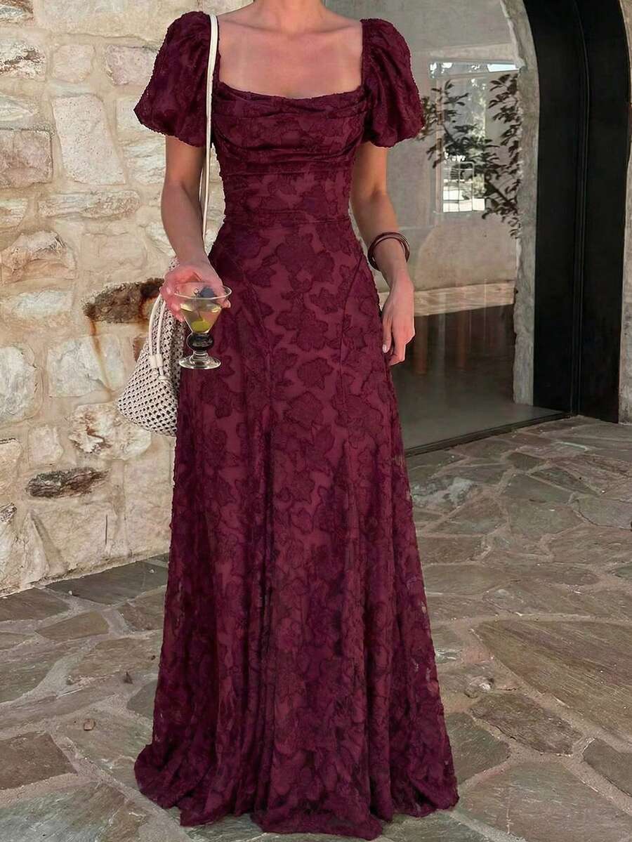 Unadoll 女款秋季酒紅色提花長洋裝,交叉綁帶露背禮服,適合返校季、婚禮與約會之夜 - 酒紅色 - 查看 1