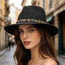 Women Straw Cowgirl Hat Decorative Bead Rope Western Hat Outdoor Beach Hat Holiday Summer Sun Cap - Black - View 5