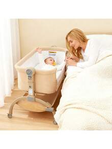 Cuna de bebé ajustable 3 en 1 para colocar junto a la cama – colchón de malla transpirable, ruedas, lateral plegable, cesta de almacenamiento, bolsa de viaje – moisés portátil para colecho con mosquitera – ideal para el hogar y viajes - Caqui - Ver 3