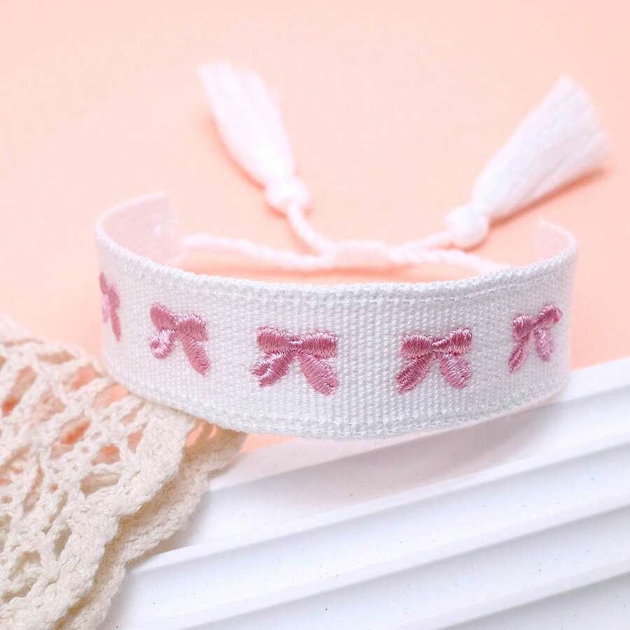 1 Stück handgefertigtes Schleifen-Armband im Boho-Stil, geeignet als Festivalgeschenk, für Partys, Reisen und den Alltag - Weiss - Übersicht 1