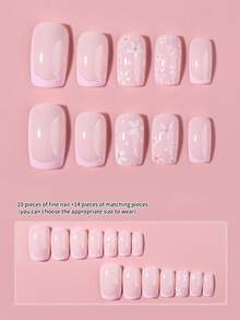 24pcs French Style Pink Floral Pattern Acrylic Short Square Press-On Nails. This Set Includes 1 Bottle Of Jelly Gel And 1 Nail File, Suitable For Women And Girls To Wear Daily. The Nails Have A Medium Length, Minimalist Style, And Excellent Adhesion For Reusable Wear. - Pink - View 3
