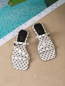 Plus Size Retro Polka Dot Flat Sandals, Women's Summer Slip-On Versatile Beach Slippers, Square Toe Non-Slip Soft Bottom Roman Sandals, Suitable For Outdoor Travel And Indoor Wear - White - View 6