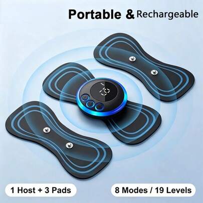 Tragbarer Mini-Massagepatch, Ganzkörper-Massagepatch Heimmassagegerät, Muskel-Massagegerät, elektronisches Massagegerät, Büro-Massage, Heim-Massage, 8 Modi & 19 Intensitätsstufen, geeignet als Geschenk, enthält 1 Haupteinheit + 3 Massageauflagen