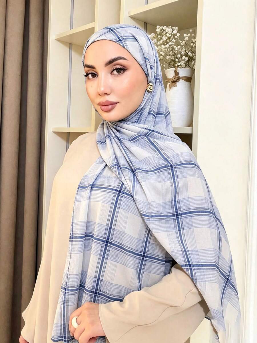 1pc Women's Solid Color Chiffon Scarf, Minimalist Elegant Hijab - White and Blue Checkered - View 1