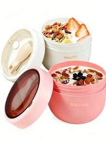 Oatmeal Yogurt Cup, Portable Yogurt Cup With Lid, Spoon And Silicone Handle, Breakfast Cup, Food Container, Lunch Bag, Oatmeal Cup Lunch Bag, Leak-Proof Food Container, Suitable For Home, School, Office, Travel, Back To School, Outdoor Picnic, Suitable For Fruit, Pudding, Yogurt, Salad, Cereal, Milk, Soup, Etc. - Multicolor - View 1