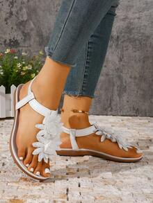 Women's Elegant Floral Decor Shoes, Cute Open Toe Design, Summer Fairy Tale Style Vacation Sandals. Runs Small One Size - White - View 4