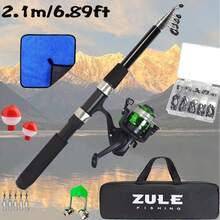 2.1m Fishing Rod And Reel Combo Set, Includes Fishing Reel With Line, Fishing Towel, Fishing Hooks And Other Fishing Accessories, Ready-To-Fish Kit Suitable For Travel And Outdoor Adventure - Black - View 6
