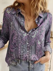 印花纽扣衬衫，波西米亚风长袖印花纽扣衬衫，适合度假和春季穿着 - 紫羅蘭色 - 查看 5
