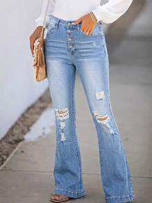 女士破洞极简多扣修身喇叭牛仔裤 休闲款 - 中等水洗藍 - 查看 1