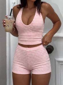 Vaiaye Women's Striped Camisole And Shorts 2-Piece Set, Cropped Tank Top And Shorts Beach Vacation Casual Outfit, Sexy Backless Beach Holiday Suit Pink Summer - Pink - View 3