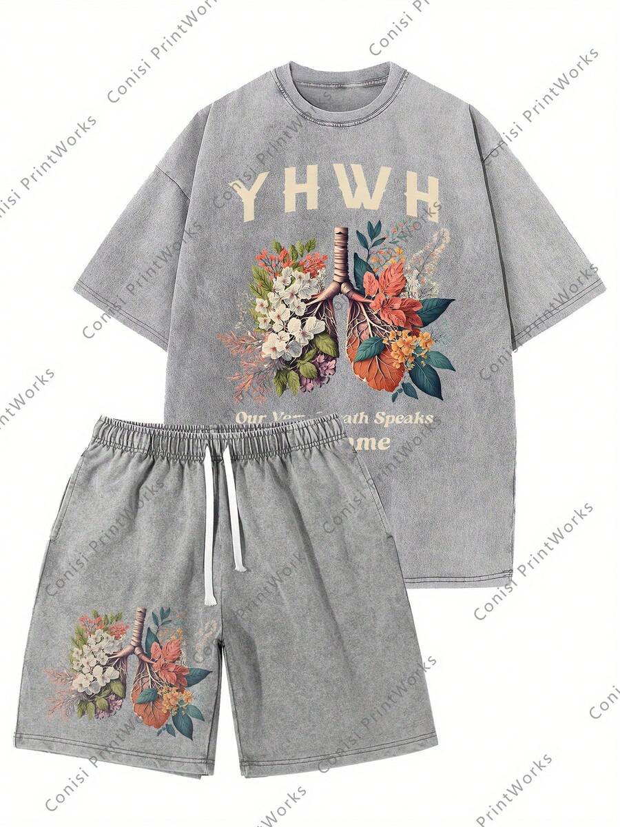 2pc Women Washed Tracksuit Women Washed Sweat Set Women Washed Matching SetWashed Set, 230g Washed T-Shirt, 290g Washed Shorts, We Breathe His Name Every Time Printed Set, High-Quality Batik Cotton Suitable For Summer Wear, Outdoor Sports, Casual Shorts T-Shirt Shorts Set, Festival Gift, Perfect Present Men Washed Two Piece Men Washed Cotton Set Men Washed Lounge Set - 深灰色 - 查看 1