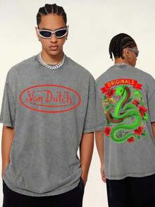 Mens Clothes;Summer TopsMen Washed Cotton Streetwear Brand Originals Vons Dutchs Snake And Clover Print Casual Tee For Daily Wear Doors| Front And Back Print| Vintage Heavyweight T Shirt| Perfect Gift| Loose Comfortable Breathable| Machine Washable Fabric| Hip Hop Cool Style| Drippy Clothes| Y2Ksummer Outfits IDHU - 灰色 7 - 查看 2