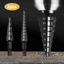 3 piezas de brocas escalonadas de HSS con recubrimiento nitrurado, aptas para perforar plástico, madera, placa metálica, agujeros de aluminio, brocas escalonadas de HSS (Métrica 4-12mm/3-12mm/4-20mm) - Conjunto de 3 piezas negro - Ver 3