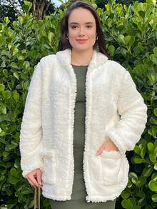 Women's Teddy Animal Print Hooded Jacket – Leopard Style With Fur Pockets - Everyday Wear - 白色 - 查看 4