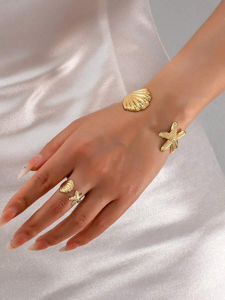 2pcs Minimalist Gold-Plated Starfish & Shell Shaped Zinc Alloy Bracelet & Ring Jewelry Set For Women - Yellow Gold - View 1