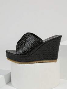 Sandales compensées à plateforme pour femmes, sandales compensées à bout ouvert estampé crocodile pailleté tressé, style de luxe européen et américain, convient pour la plage, les vacances, les sorties, les courses, le port quotidien, noir - Noir - Voir 10