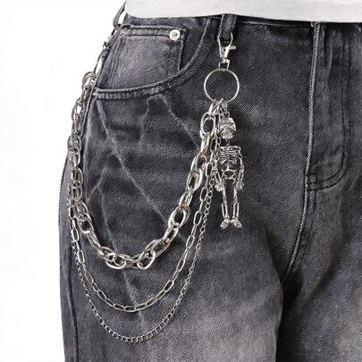1件朋克风金属腰链，男女通用嘻哈风骷髅吊坠装饰，时尚百搭牛仔裤配饰