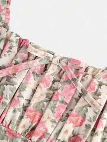 Girlism Vestido de camiseta con estampado floral, busto fruncido, en color rosa para adolescentes, dulce, lindo, para fiestas, vacaciones, verano - Blanco - Ver 8